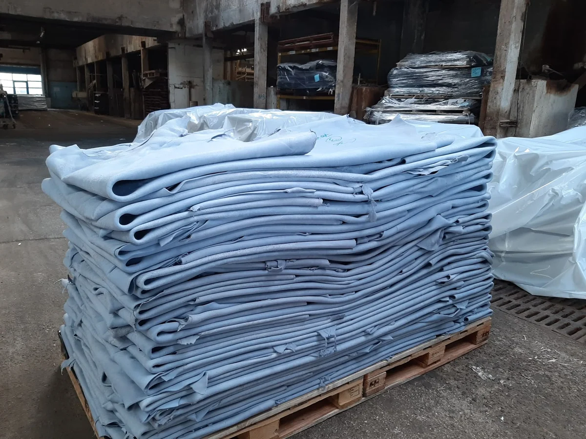 A pallet of raw leather hides stacked and wrapped in the store at Alam’s International, Kanpur