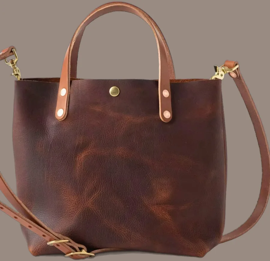 Brown leather tote bag with top handles, BAG-07