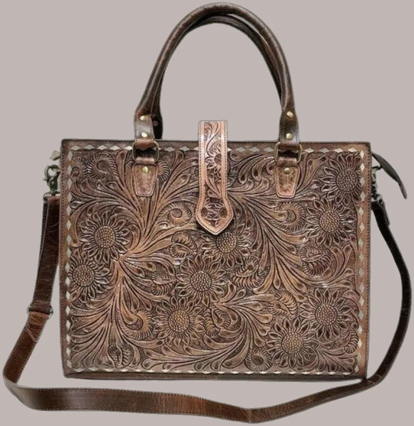 Hand-tooled brown leather handbag, BAG-09